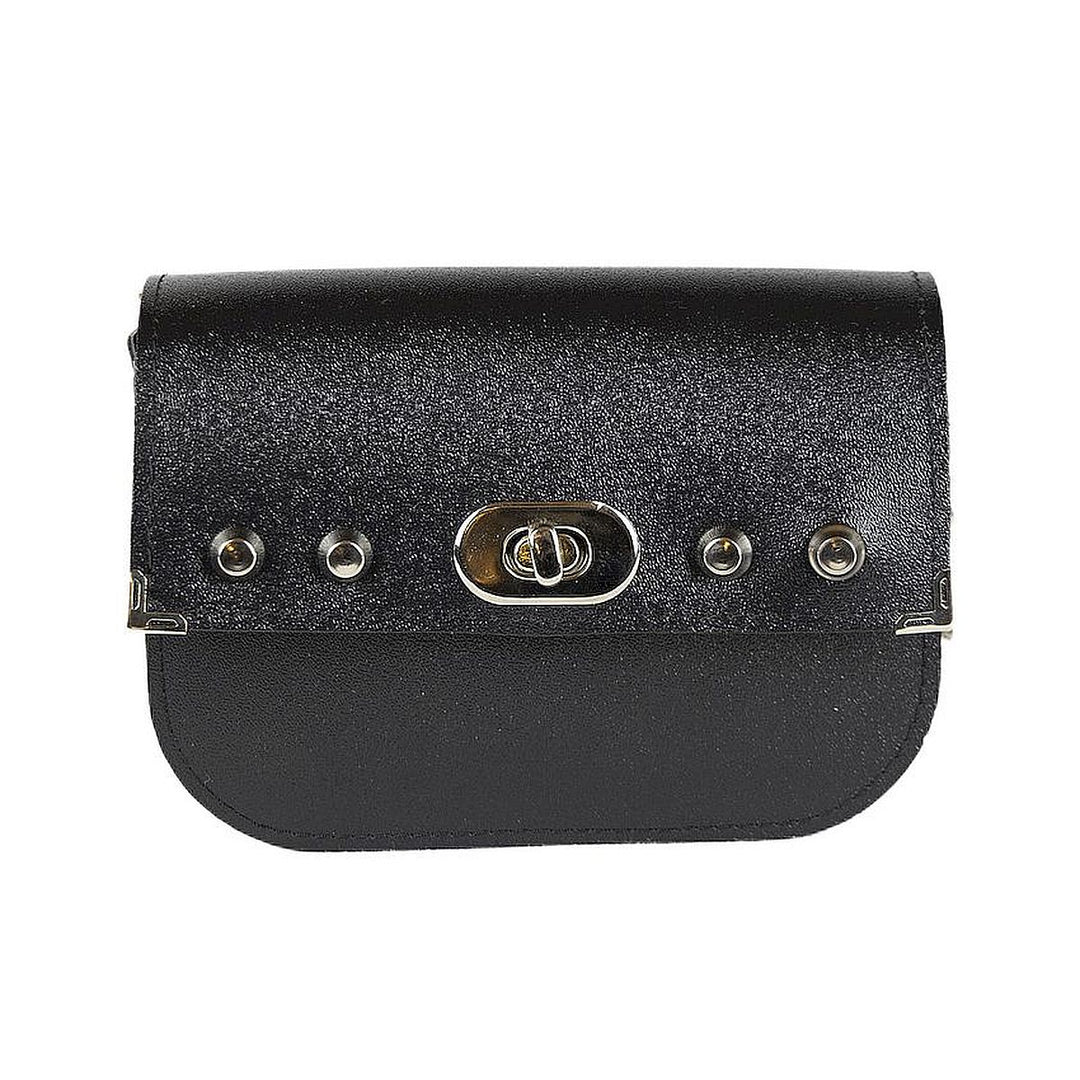 Mini chicca borsa rigida a tracolla in PVC satinato cruelty-free vegan nero rock con borchie chiusura a girello e catena