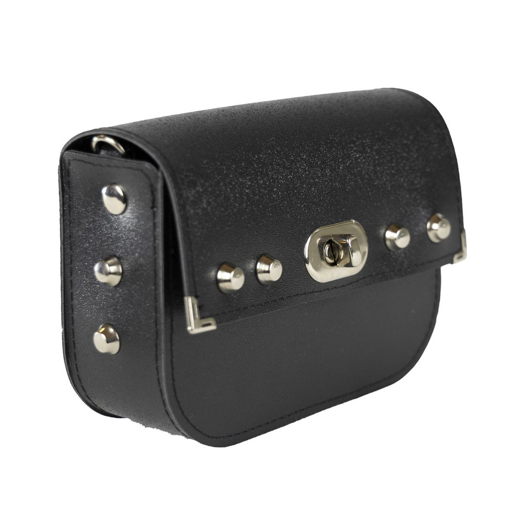 Mini chicca borsa rigida a tracolla in PVC satinato cruelty-free vegan nero rock con borchie chiusura a girello e catena