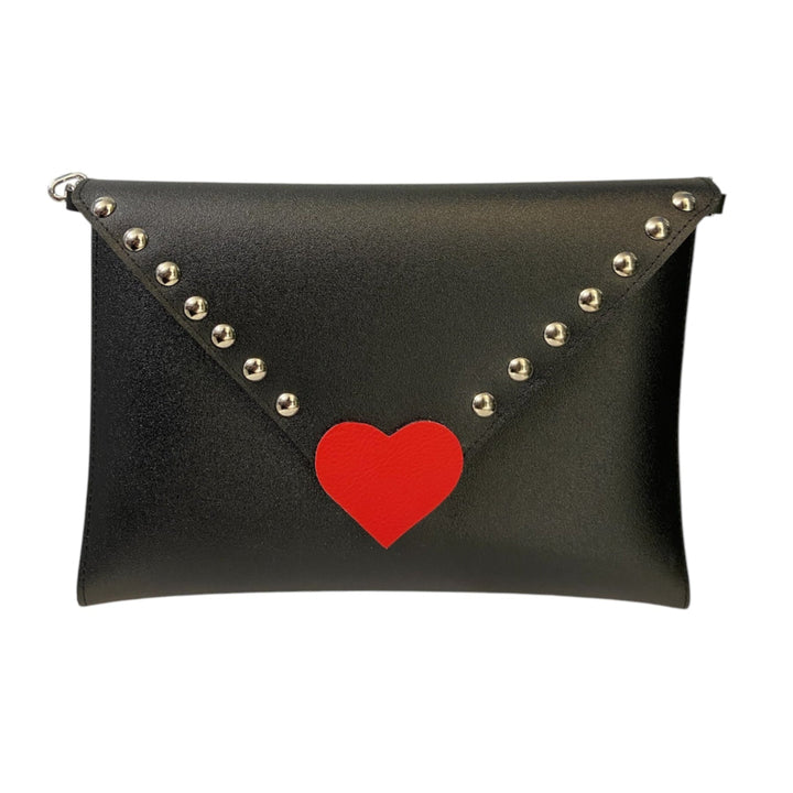 Clutch con cuore Vegan borsa a mano e  tracolla in PVC satinato cruelty-free vegan nero rock con cuore chiusura a calamita catena