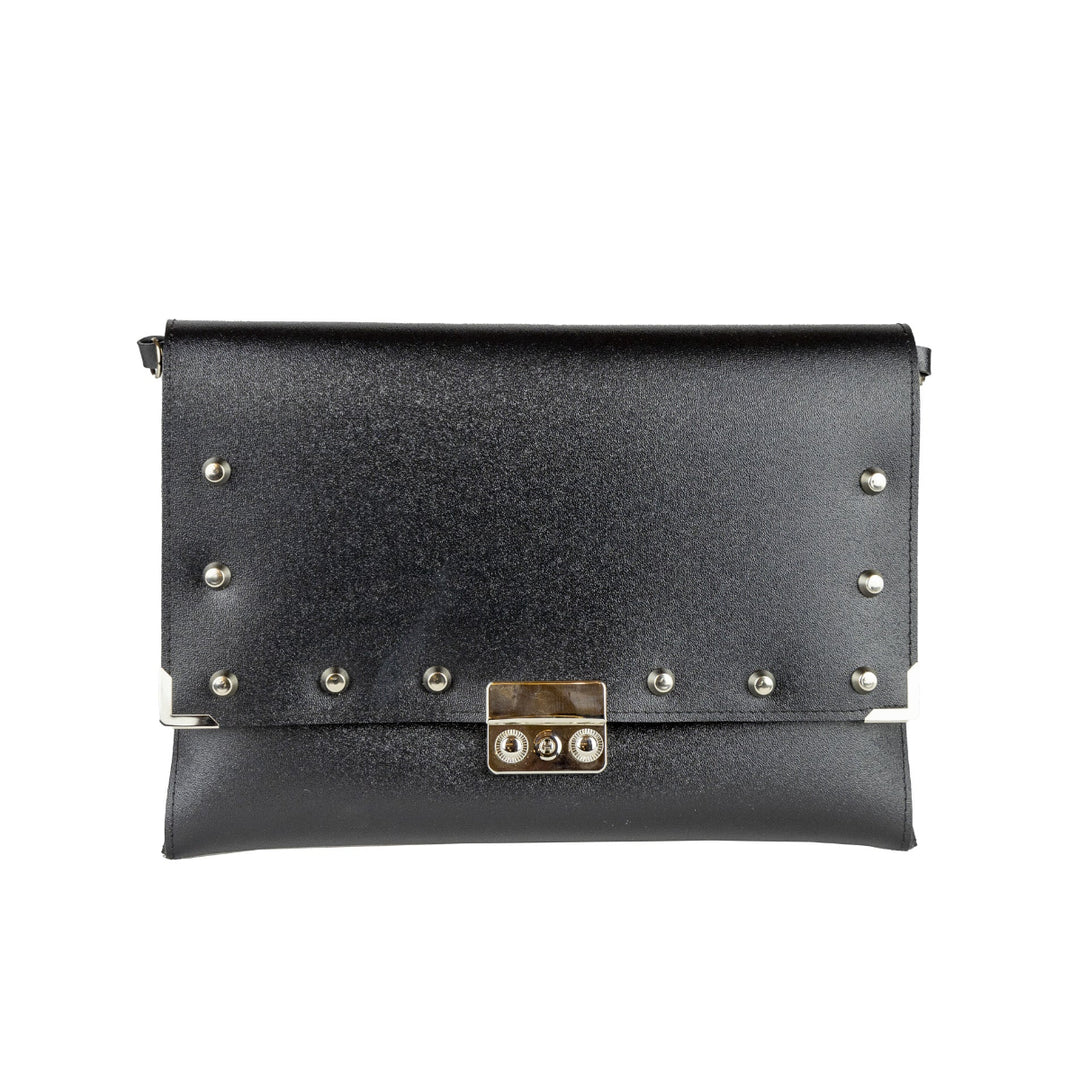 Clutch con Borchie Vegan borsa a tracolla in PVC satinato cruelty-free vegan nero rock con borchie chiusura a tuc e catena