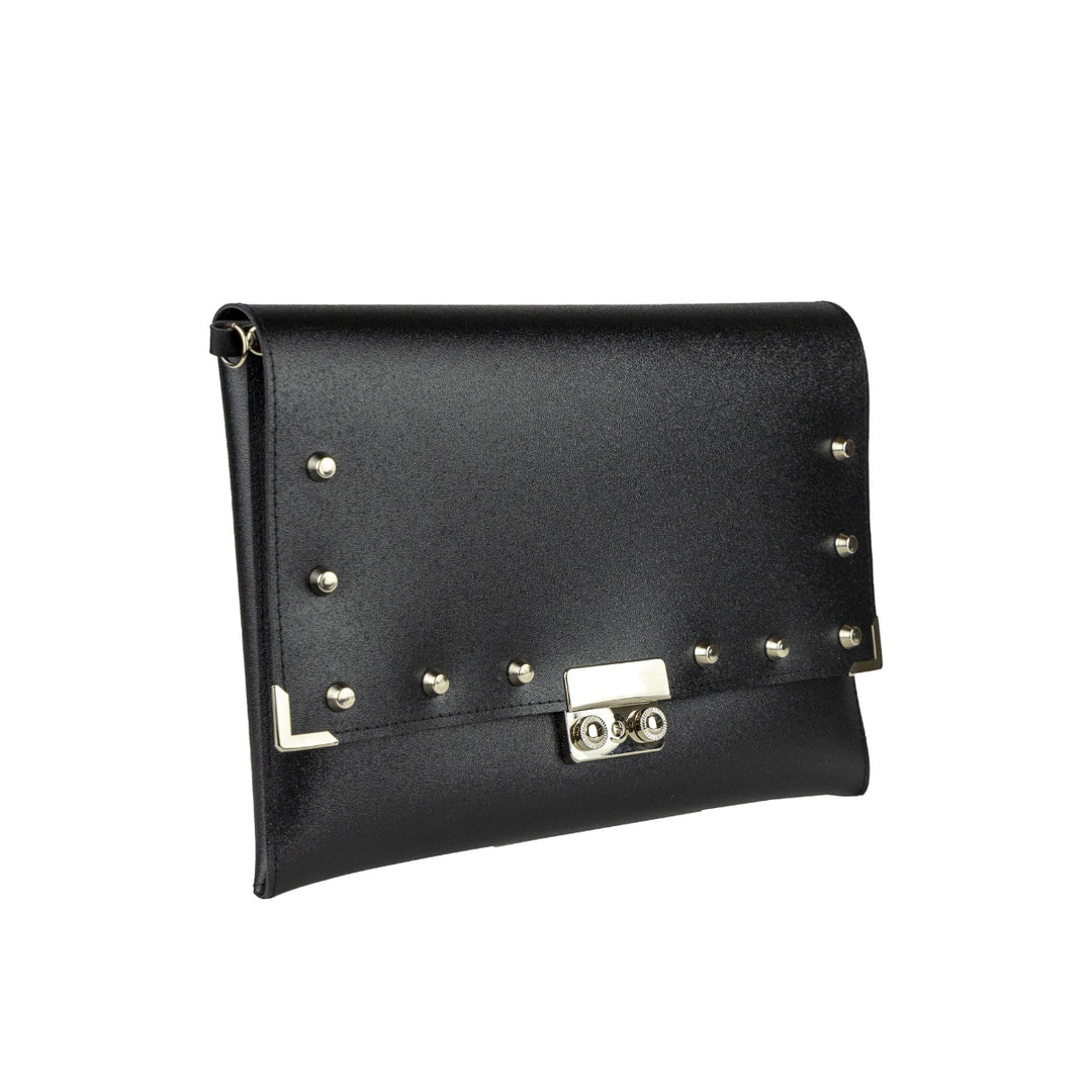 Clutch con Borchie Vegan borsa a tracolla in PVC satinato cruelty-free vegan nero rock con borchie chiusura a tuc e catena